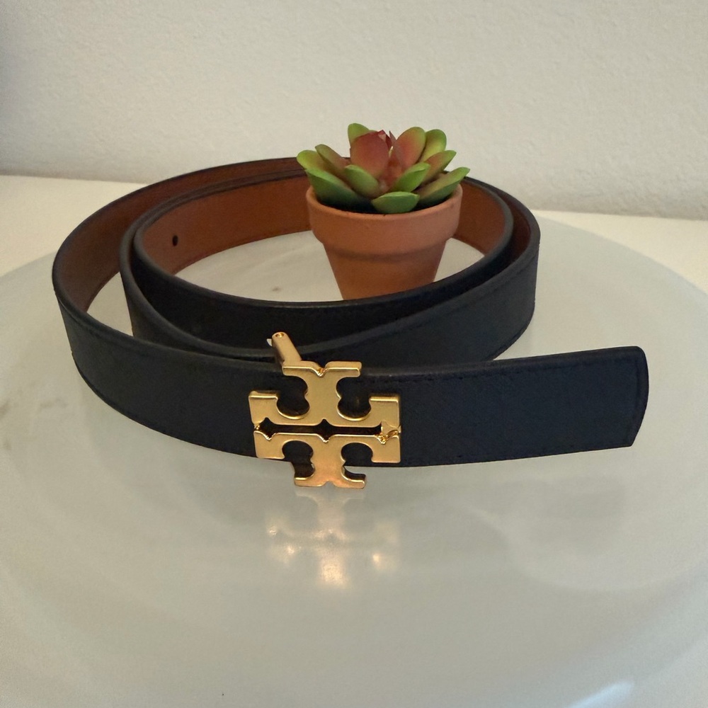 Tory Burch Black Belt with Gold Logo Buckle